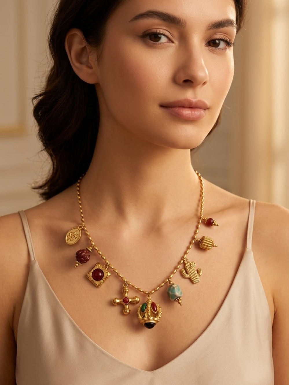 Gold-Tone Multi Charm Necklace with Red and Turquoise Accents